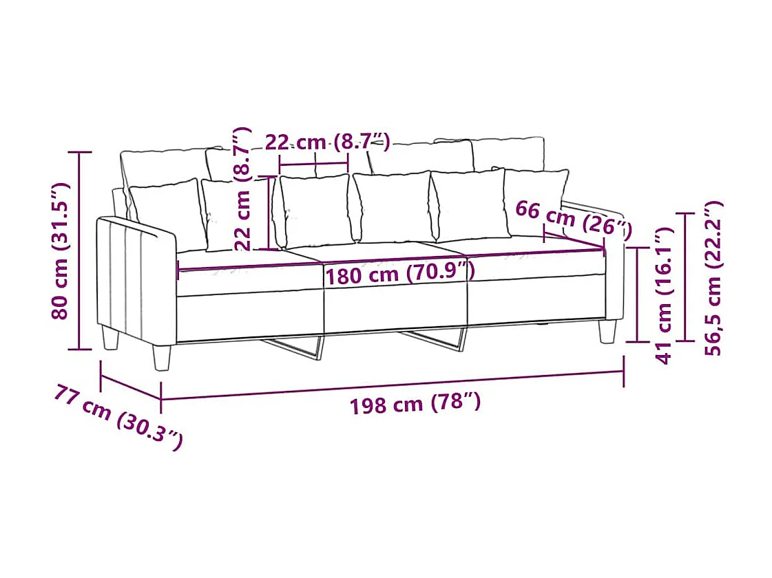 Canapé à 3 places Rouge bordeaux 180 cm Tissu