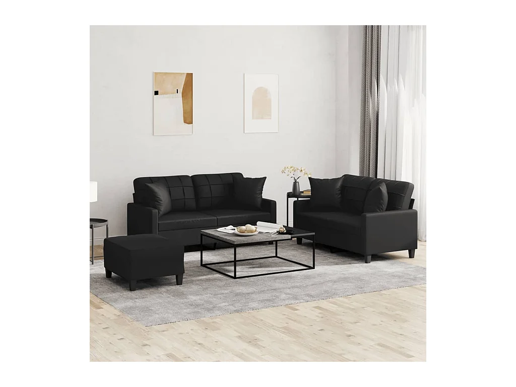 3-tlg. Sofagarnitur mit Kissen Schwarz Kunstleder