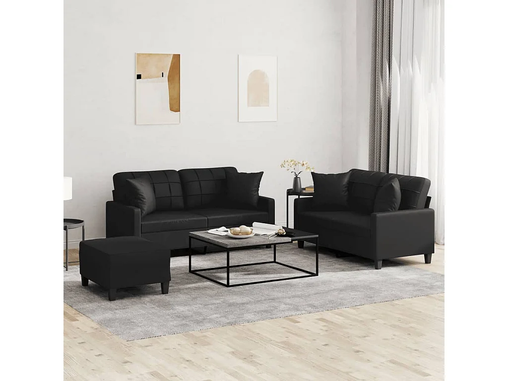 Ensemble de canapés 3 pcs avec coussins noir similicuir