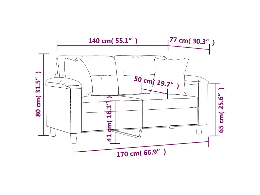 Canapé 2 places avec oreillers décoratifs gris 140cm similicuir