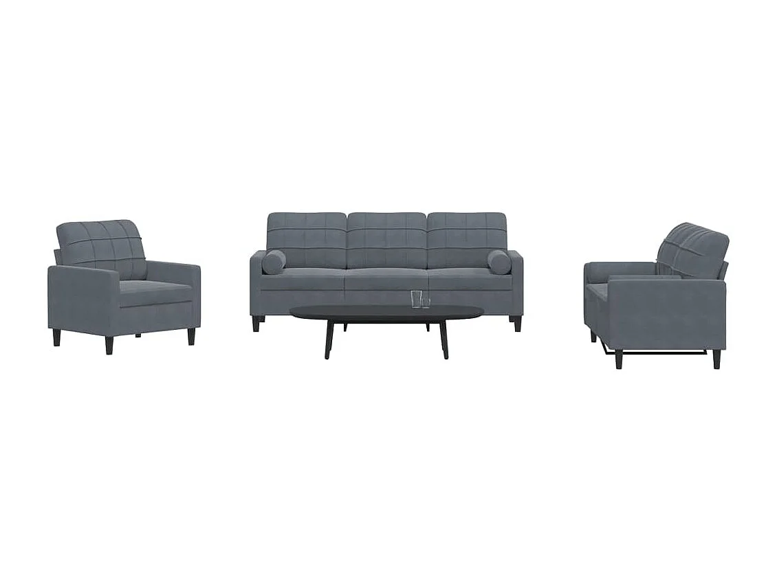 3-delige Loungeset met kussens en bolsters fluweel donkergrijs