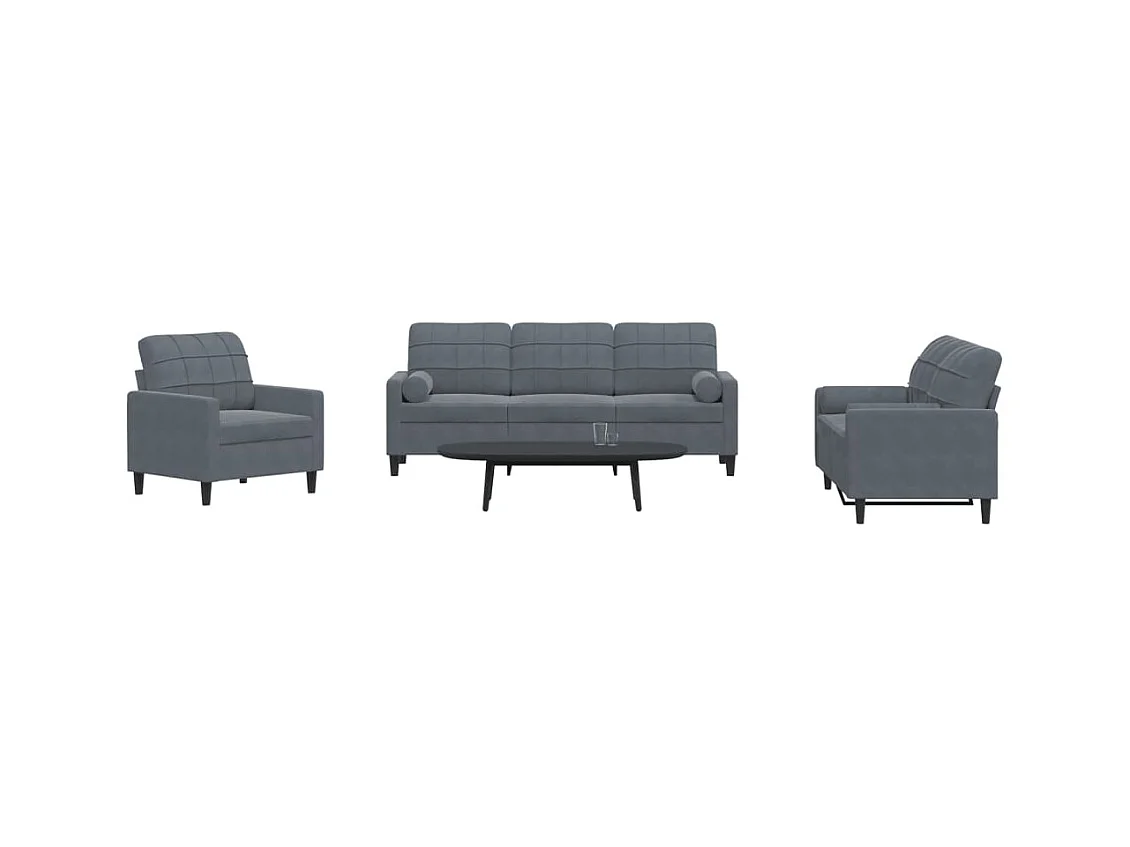 3-delige Loungeset met kussens en bolsters fluweel donkergrijs