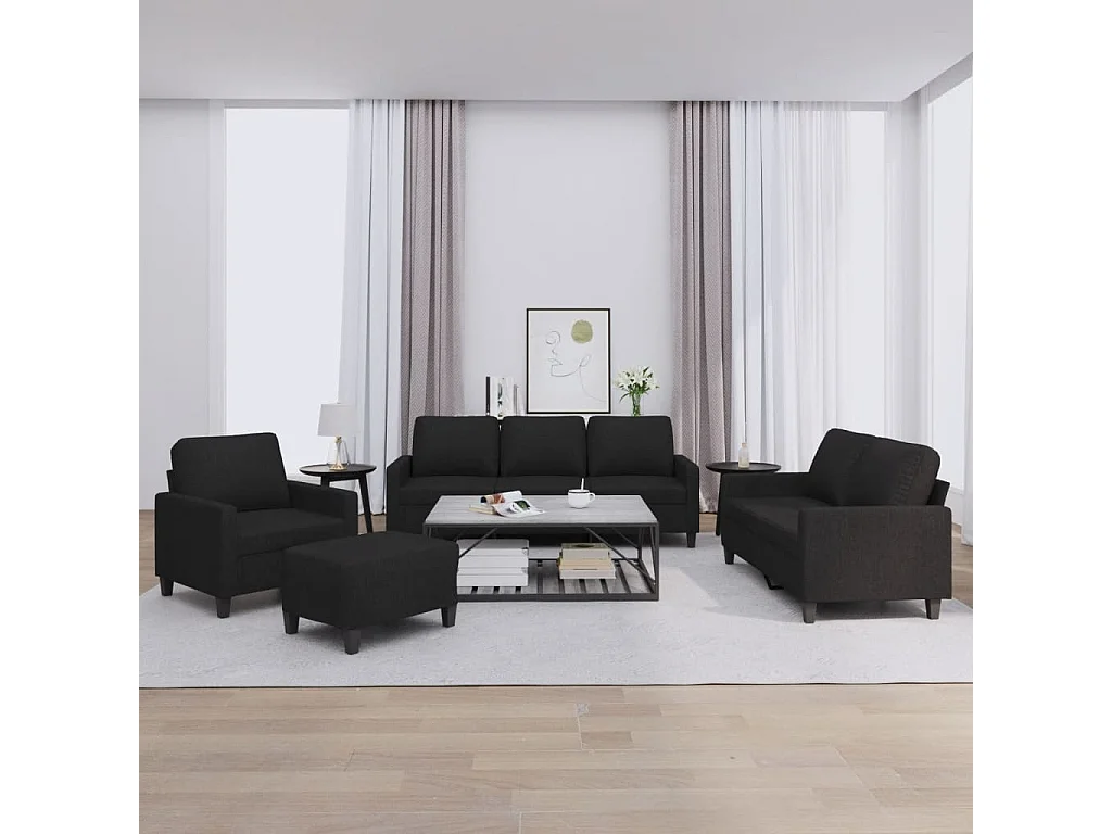 4-tlg. Sofagarnitur mit Kissen Schwarz Stoff