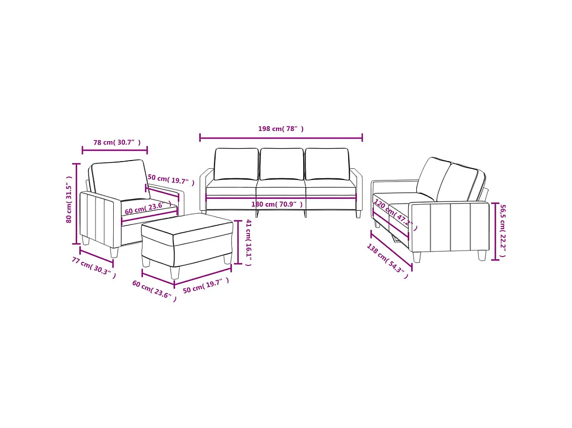 4-tlg. Sofagarnitur mit Kissen Schwarz Stoff