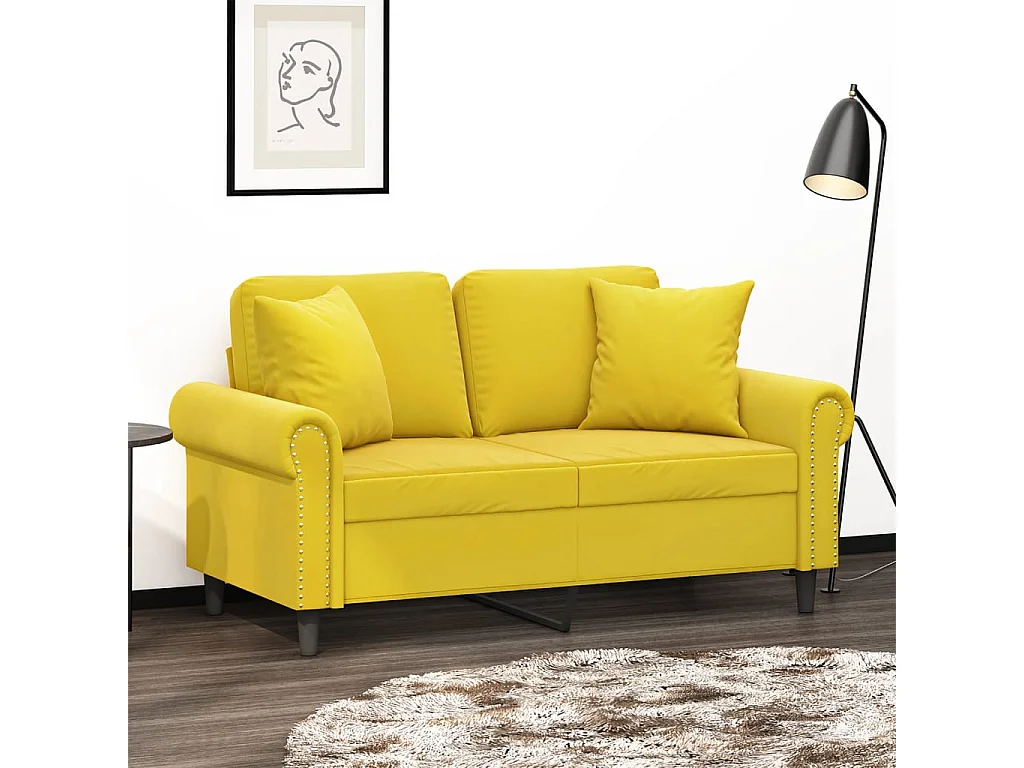 Sofá de 2 plazas con cojines terciopelo amarillo 120 cm
