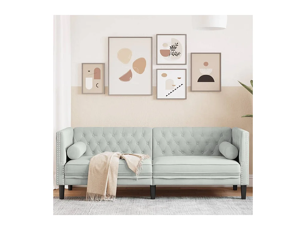 Canapé Chesterfield avec traversins 3 places gris clair velours