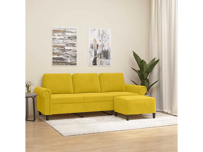 Canapé à 3 places avec repose-pieds jaune 180 cm velours