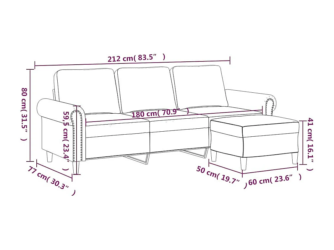 Driezitsbank met voetenbank 180 cm fluweel geel