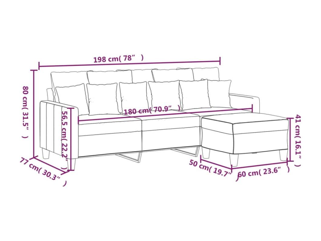 Sofá de 3 lugares com apoio de pés 180 cm tecido cor creme