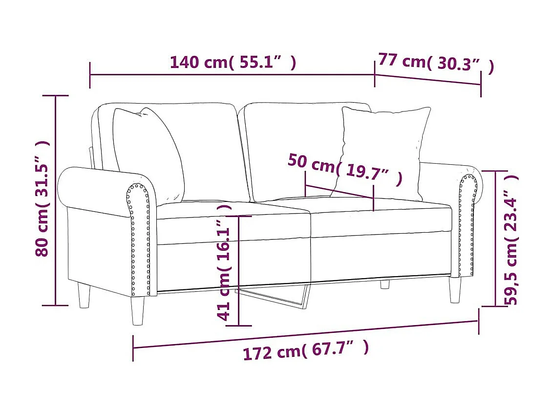 Canapé 2 places avec oreillers bordeaux 140 cm velours