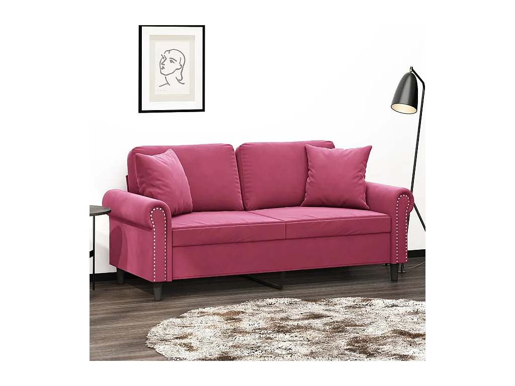 Canapé 2 places avec oreillers bordeaux 140 cm velours