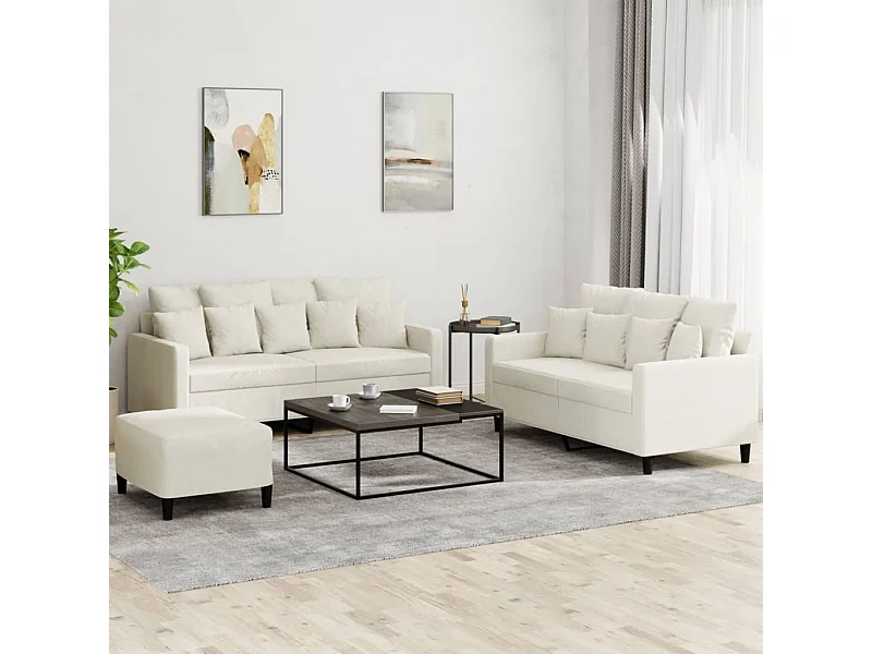 3-tlg. Sofagarnitur mit Kissen Creme Samt