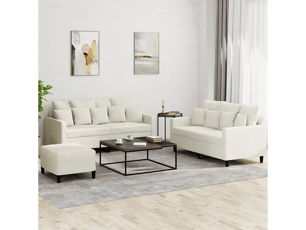 3-delige Loungeset met kussens fluweel crèmekleurig