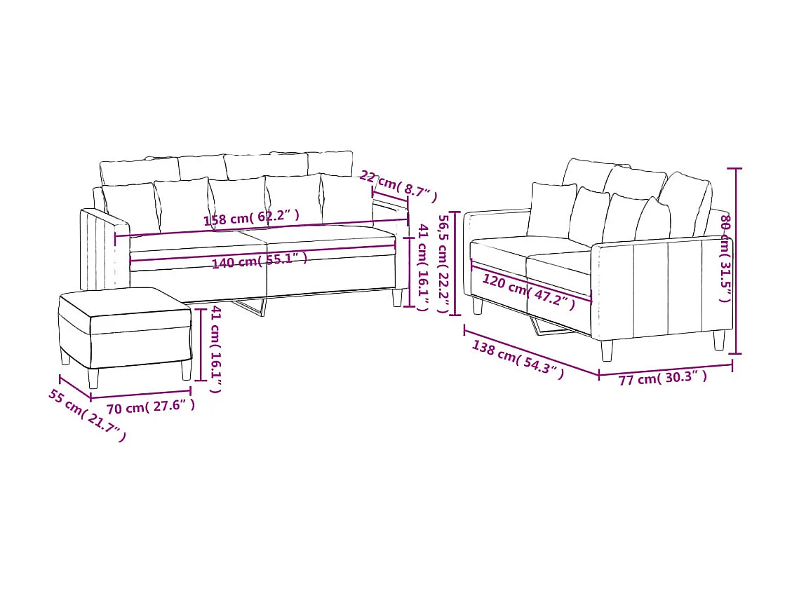 3-delige Loungeset met kussens fluweel crèmekleurig