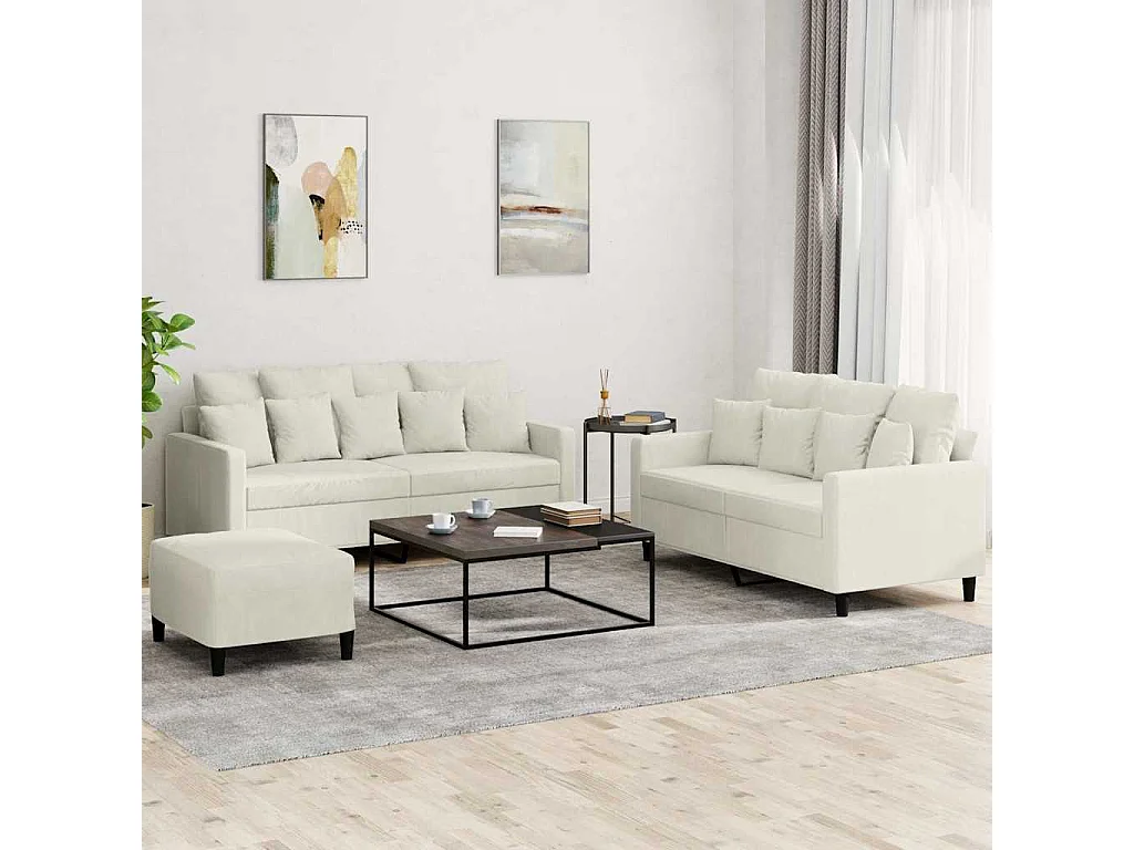 3-tlg. Sofagarnitur mit Kissen Creme Samt