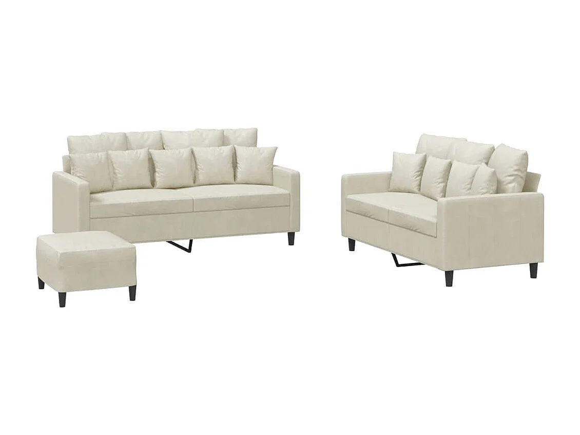 3-tlg. Sofagarnitur mit Kissen Creme Samt