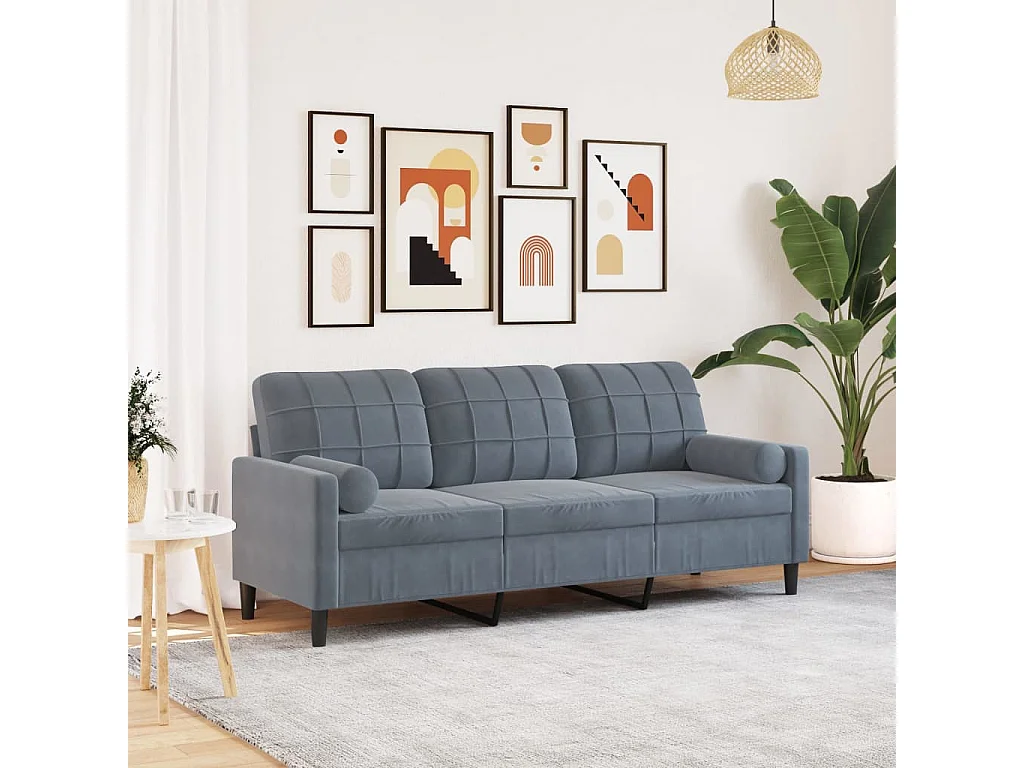 Sofá 3 lug. c/ almofadas decorativas 180 cm veludo cinza-escuro