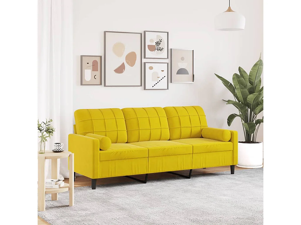 Canapé 3 places avec oreillers décoratifs jaune 180 cm velours