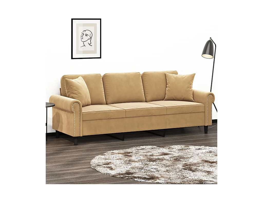 Canapé 3 places avec oreillers décoratifs marron 180 cm velours