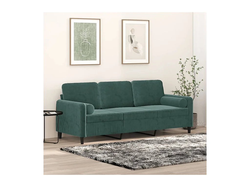 Canapé 3 places avec oreillers vert foncé 180 cm velours