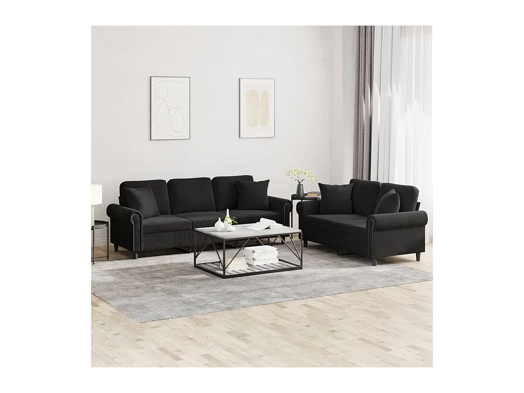 Set di Divani 2 pz con Cuscini Nero in Velluto