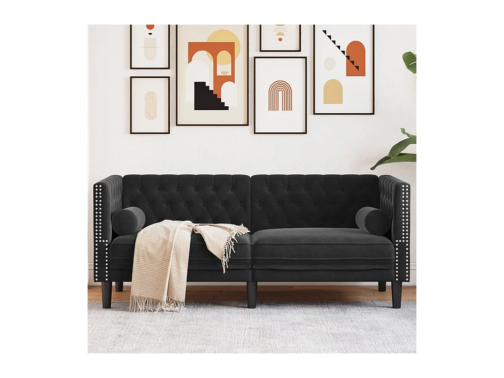 Canapé Chesterfield avec traversins 2 places noir velours