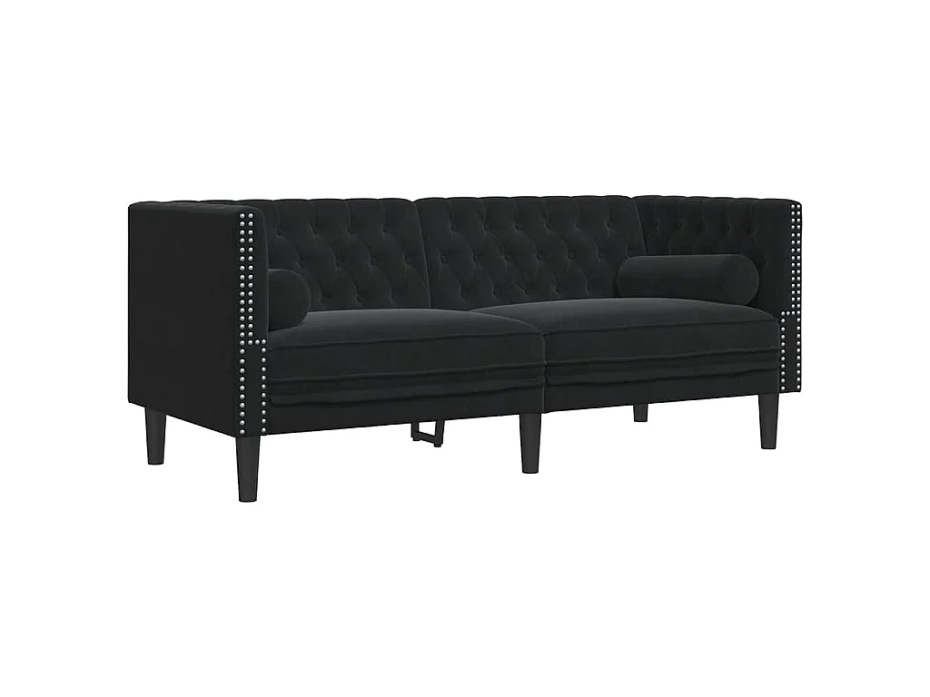Chesterfield-Sofa mit Nackenrollen 2-Sitzer Schwarz Samt