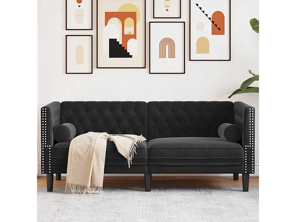 Chesterfield-Sofa mit Nackenrollen 2-Sitzer Schwarz Samt