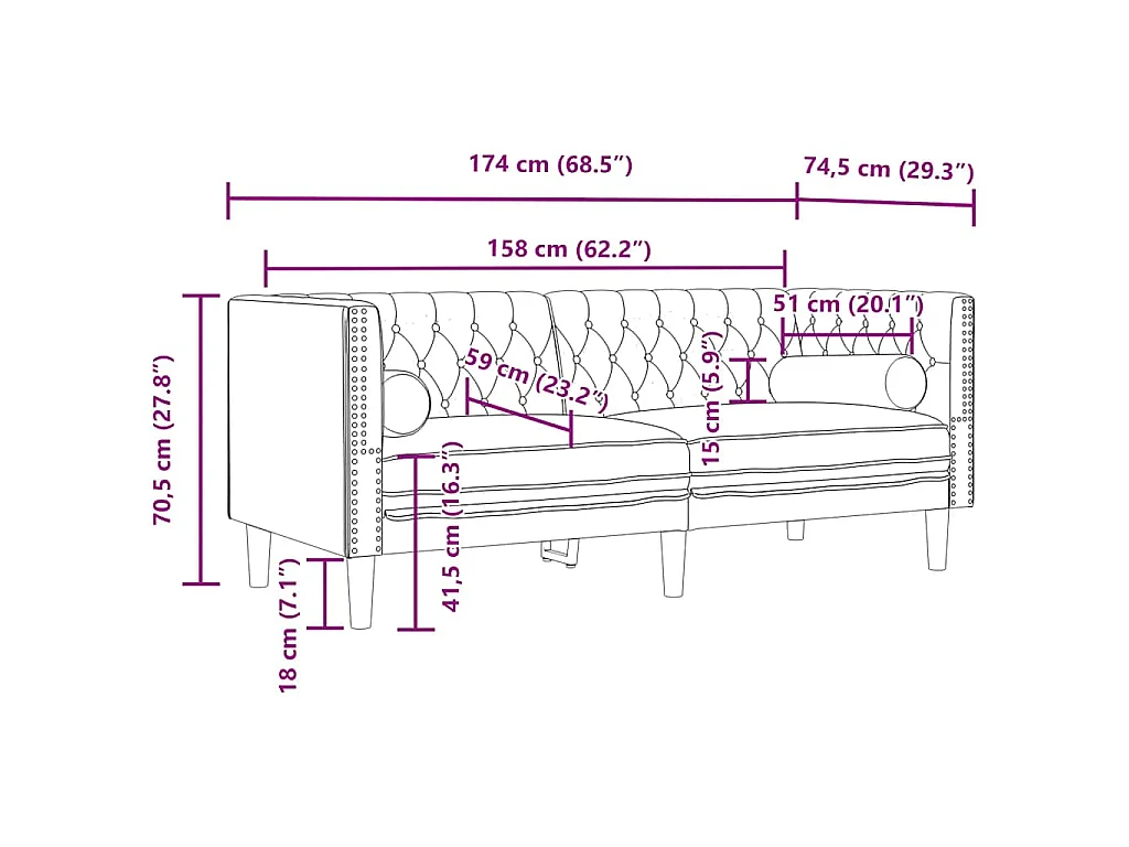 Chesterfield-Sofa mit Nackenrollen 2-Sitzer Schwarz Samt