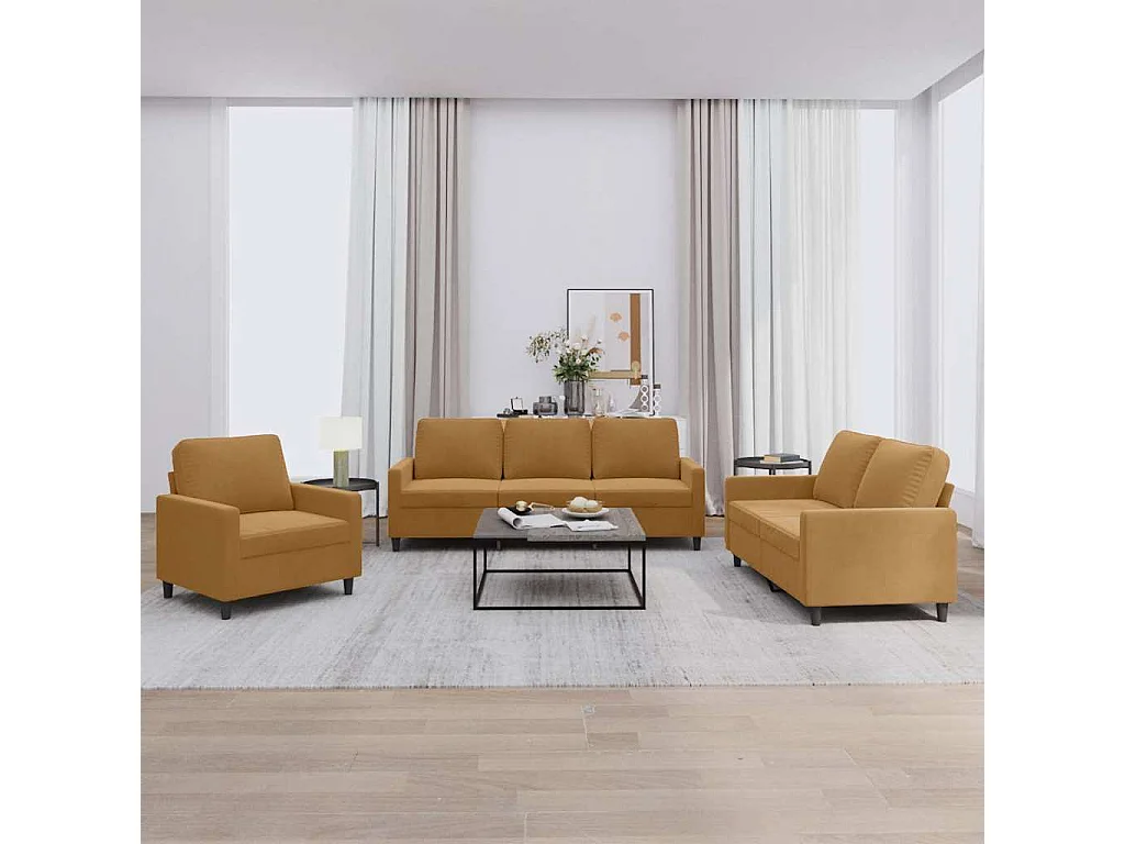 3 pcs conjunto de sofás com almofadões veludo castanho