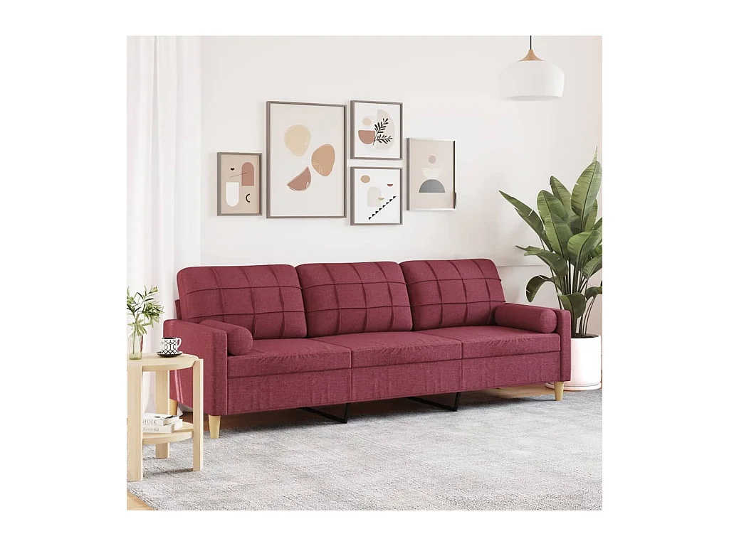 Canapé 3 places avec oreillers décoratifs bordeaux 210 cm tissu