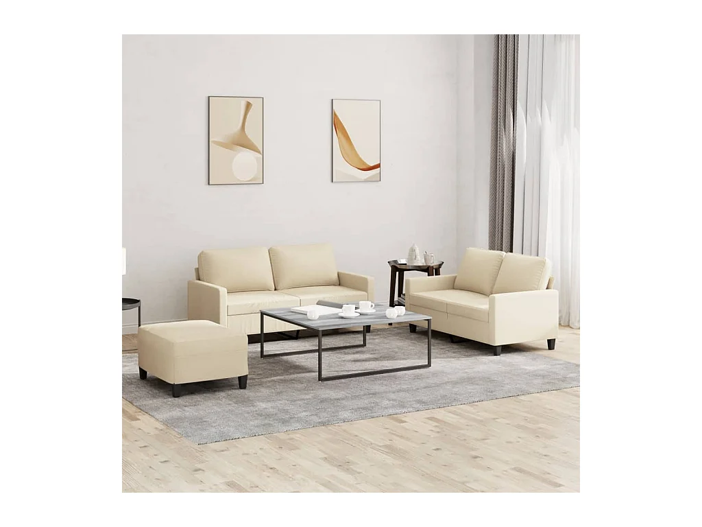 3-tlg. Sofagarnitur mit Kissen Creme Stoff
