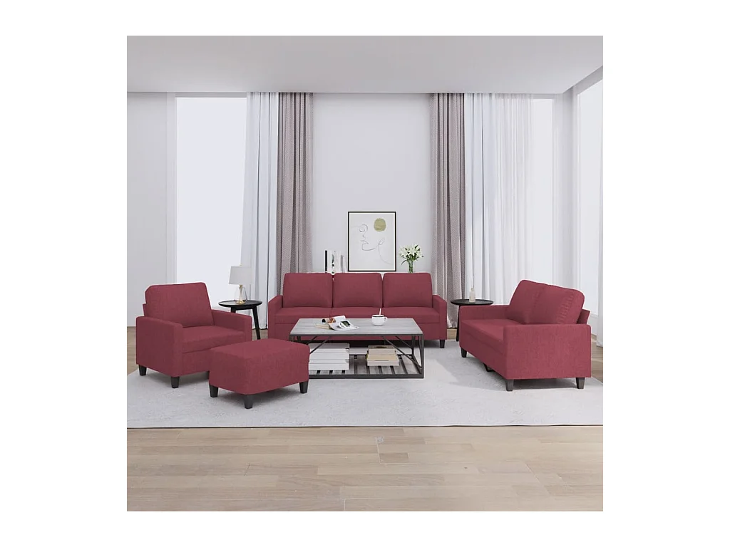 Set di Divani 4 pz con Cuscini Rosso Vino in Tessuto