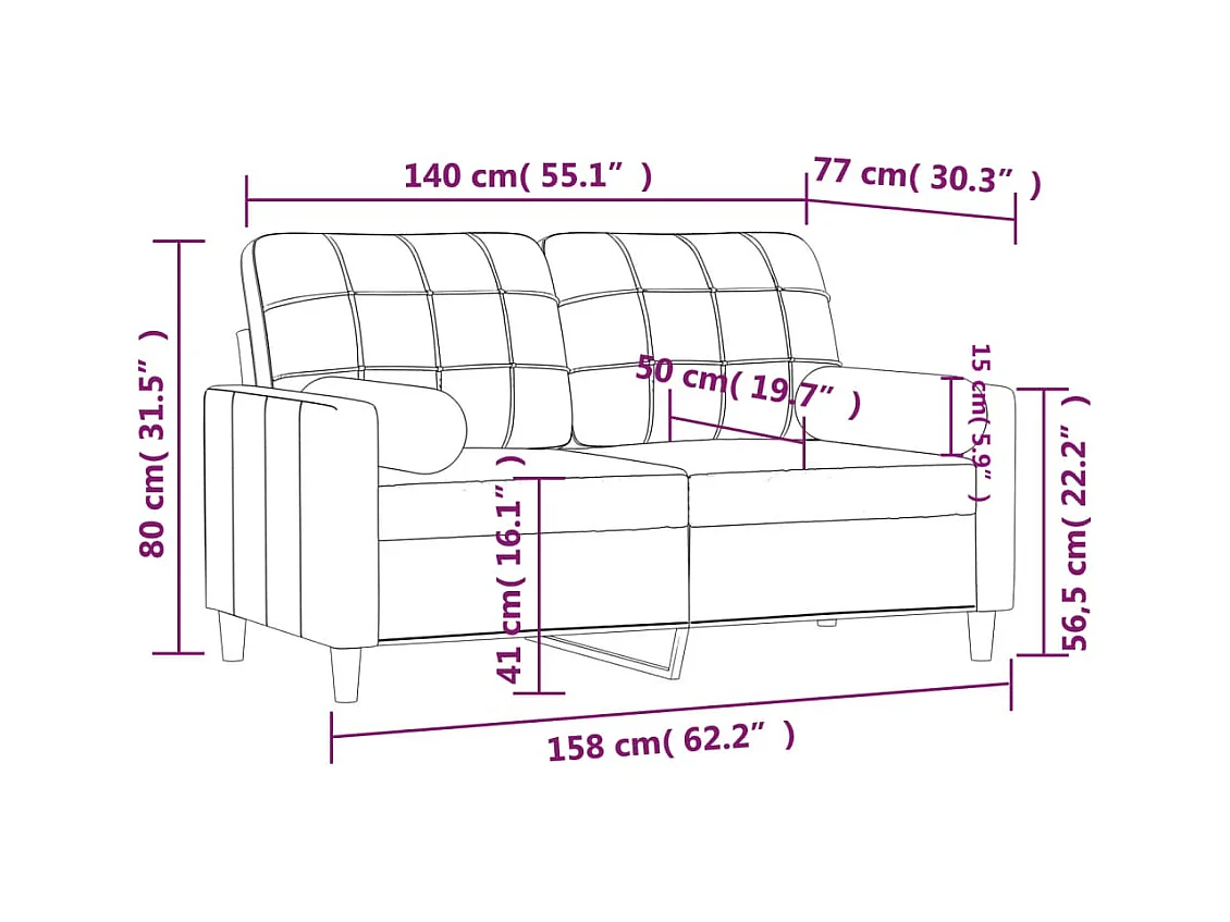 Canapé 2 places avec oreillers bordeaux 140 cm tissu