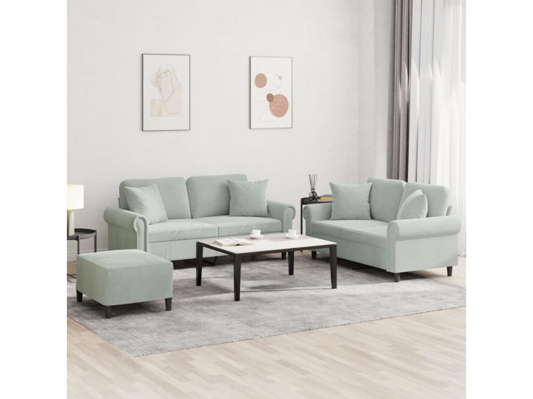 3 pcs conjunto de sofás com almofadas veludo cinzento-claro