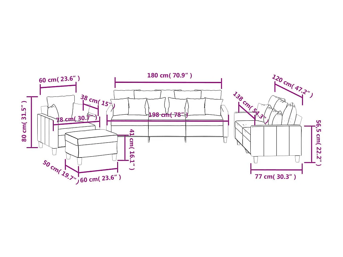 4-tlg. Sofagarnitur mit Kissen Dunkelgrau Stoff