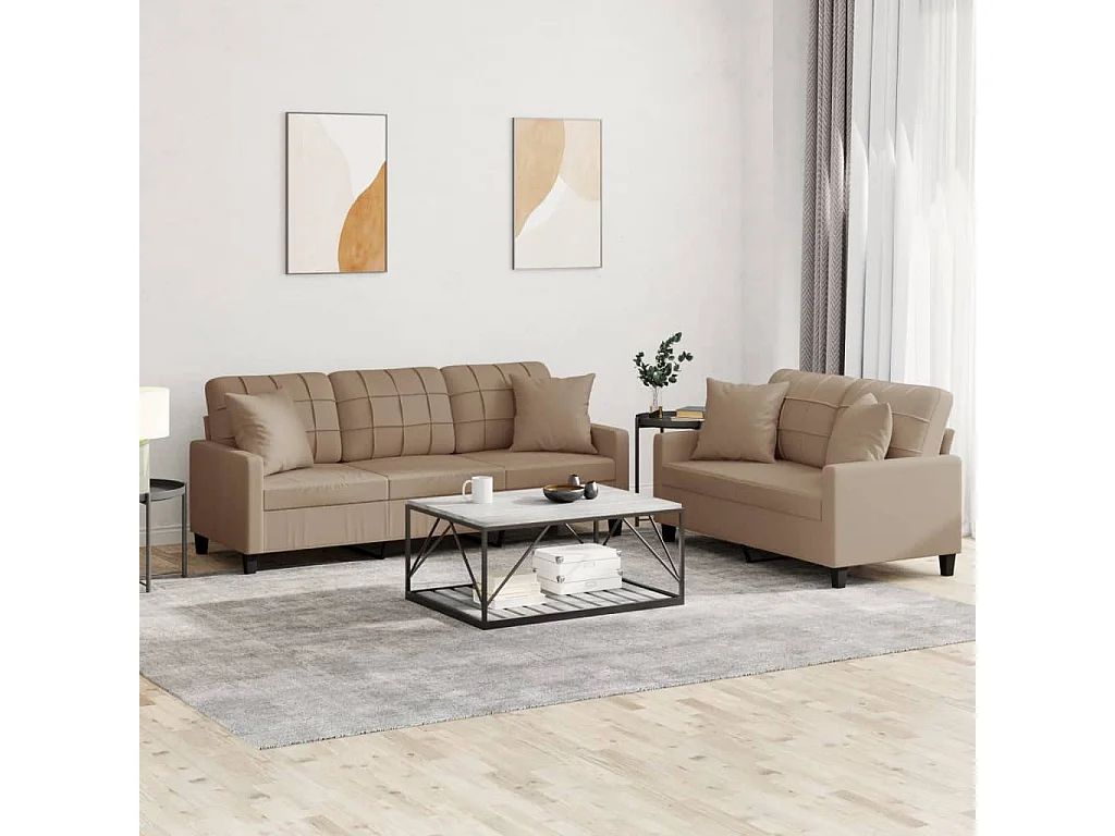 2-tlg. Sofagarnitur mit Kissen Cappuccino-Braun Kunstleder