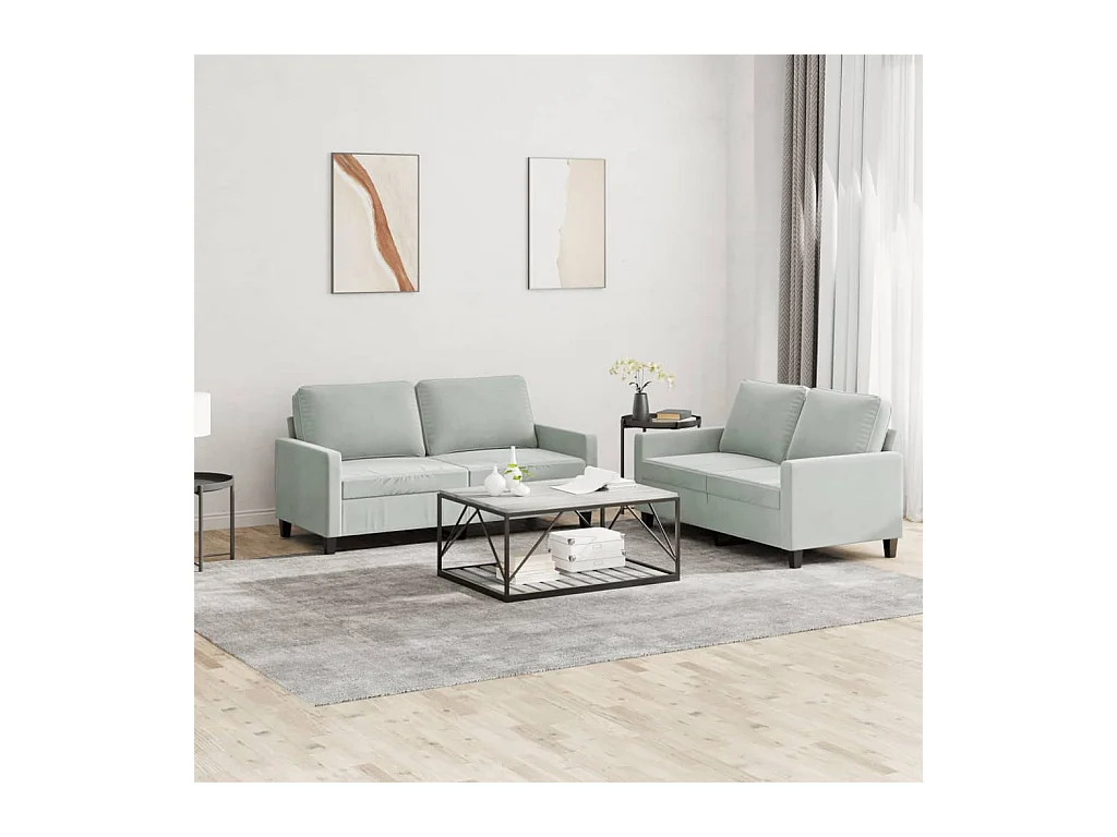 Set di Divani 2 pz con Cuscini Grigio Chiaro in Velluto