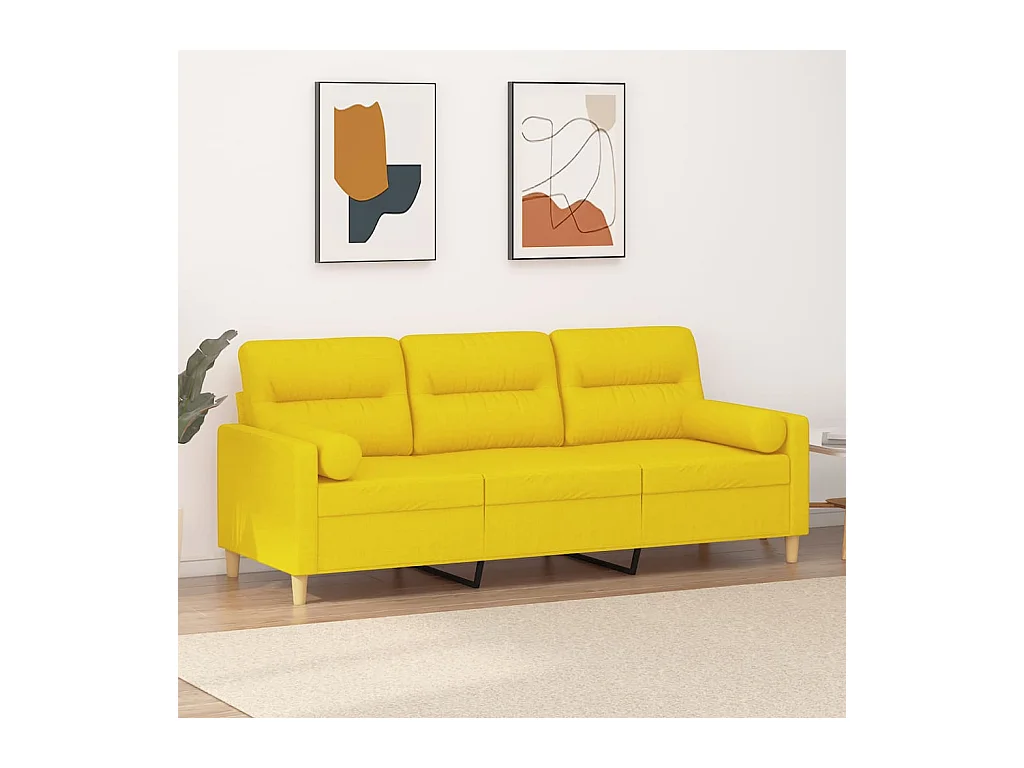Divano a 3 Posti con Cuscini Giallo Chiaro 180 cm in Tessuto
