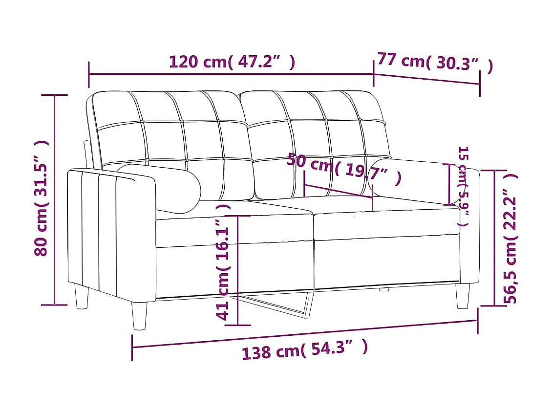 Canapé 2 places avec oreillers décoratifs crème 120 cm tissu