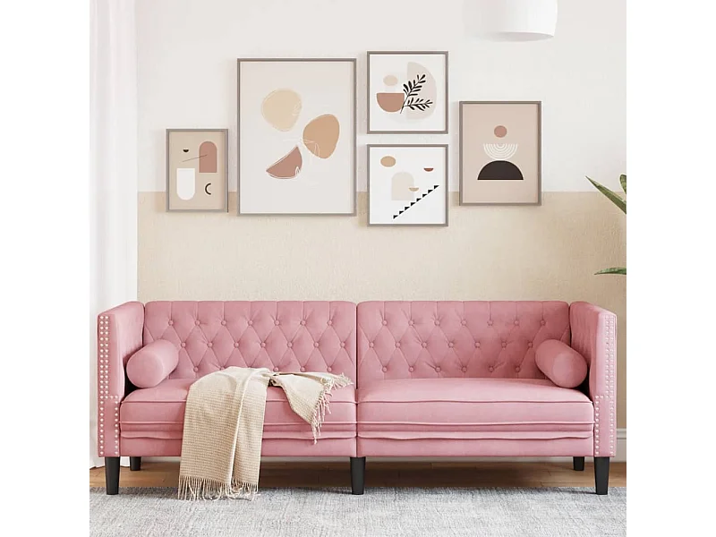 Sofá chesterfield com rolos 3 lugares veludo rosa