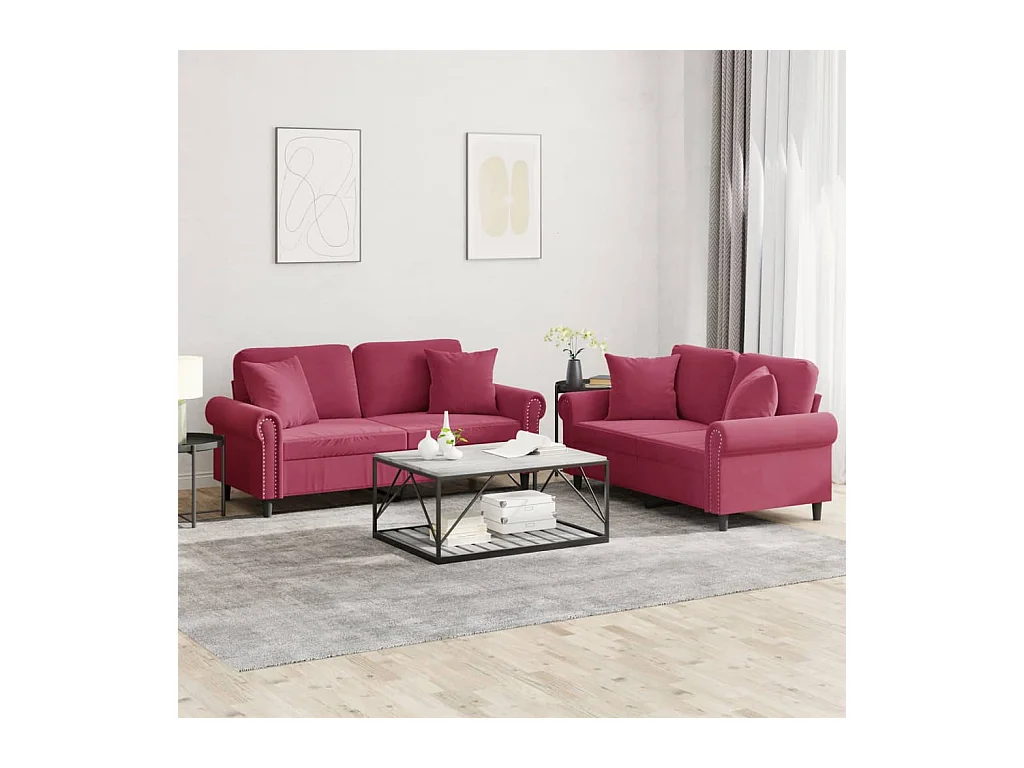 Ensemble de canapés 2 pcs avec coussins rouge bordeaux velours