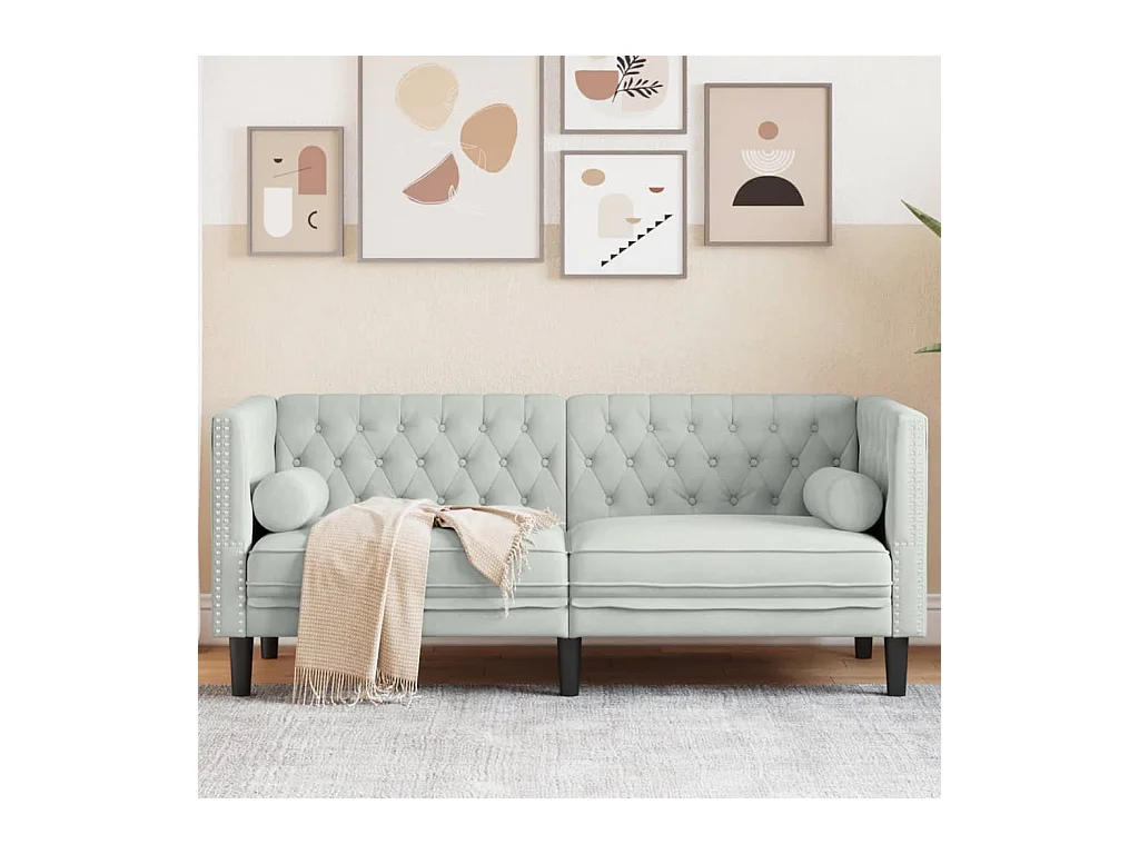 Canapé Chesterfield avec traversins 2 places gris clair velours