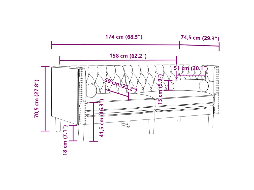 Tweezitsbank Chesterfield-stijl en bolsters fluweel lichtgrijs