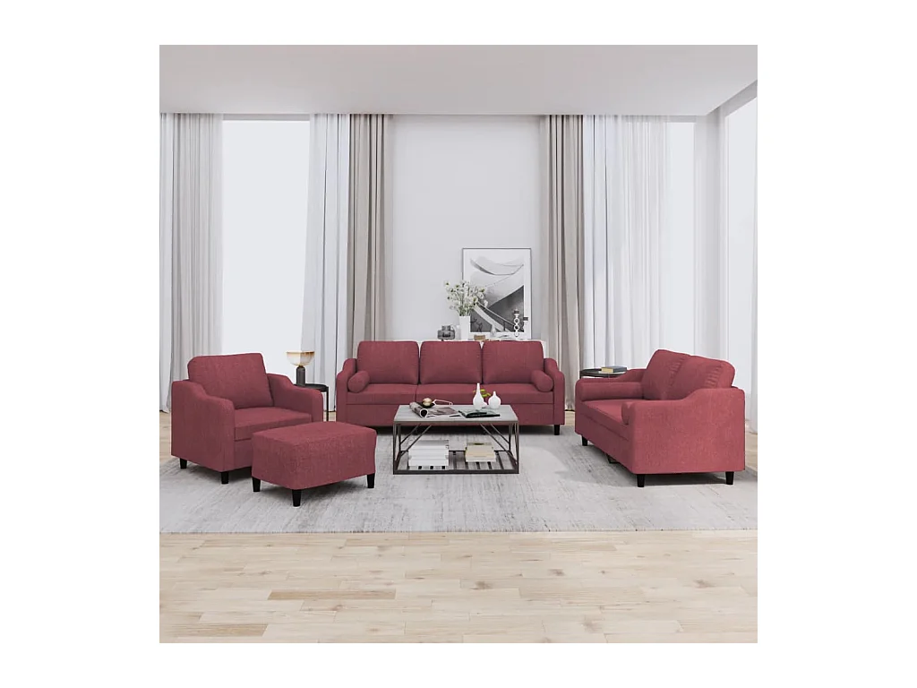 Ensemble de canapés 4 pcs avec coussins rouge bordeaux tissu