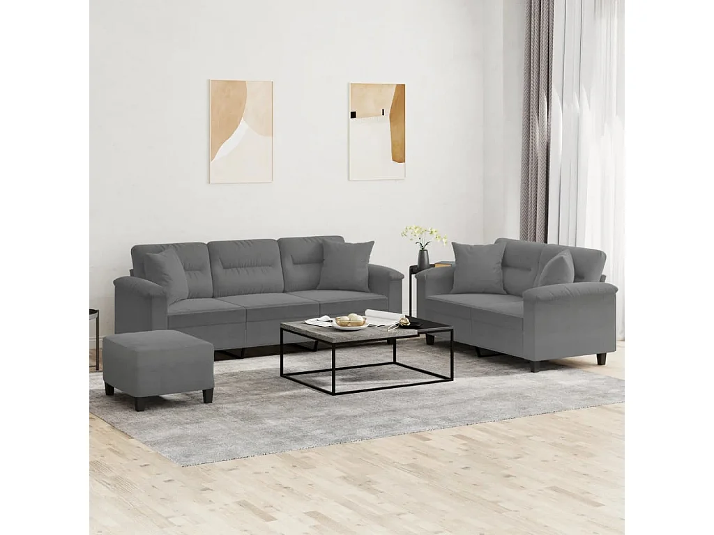 Ensemble de canapés 3 pcs coussins Gris foncé Tissu microfibre