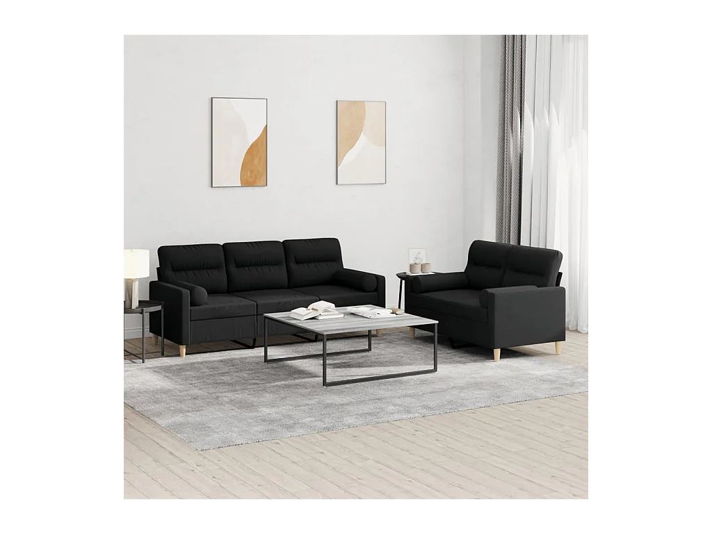Ensemble de canapés 2 pcs avec coussins noir tissu