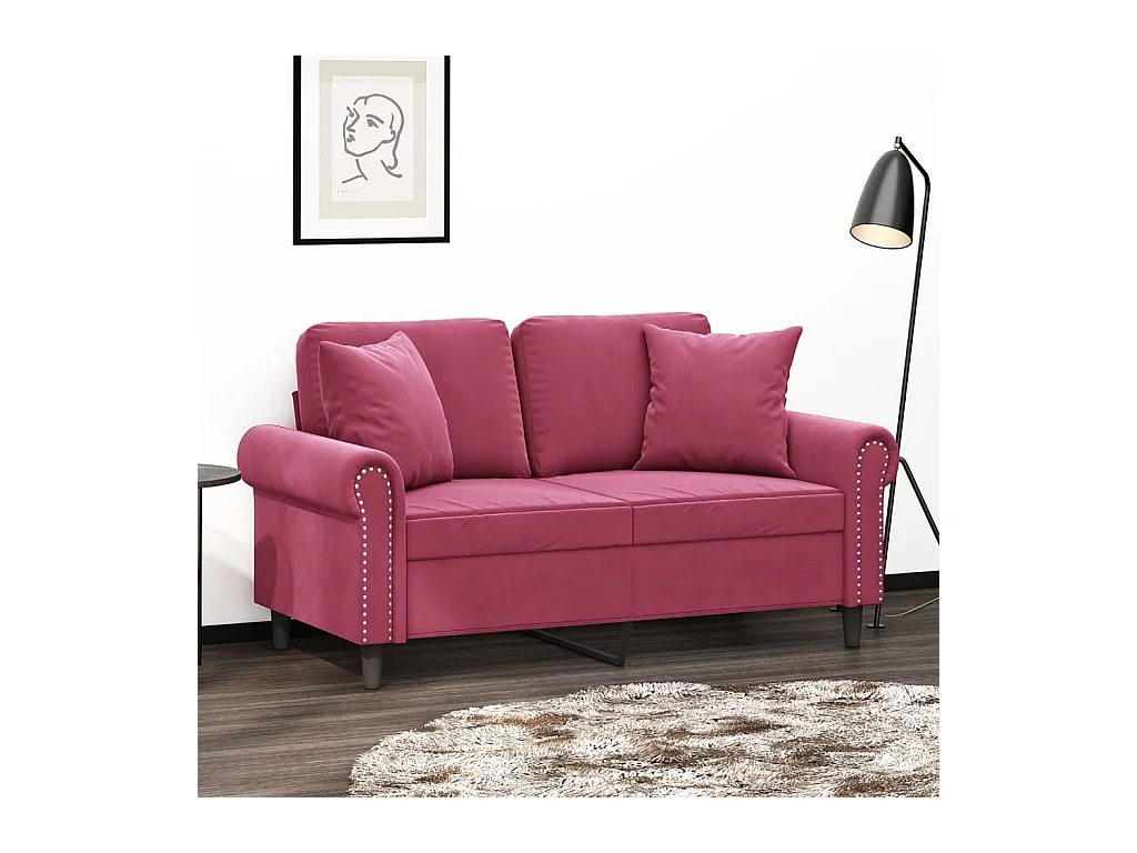 Canapé 2 places avec oreillers bordeaux 120 cm velours