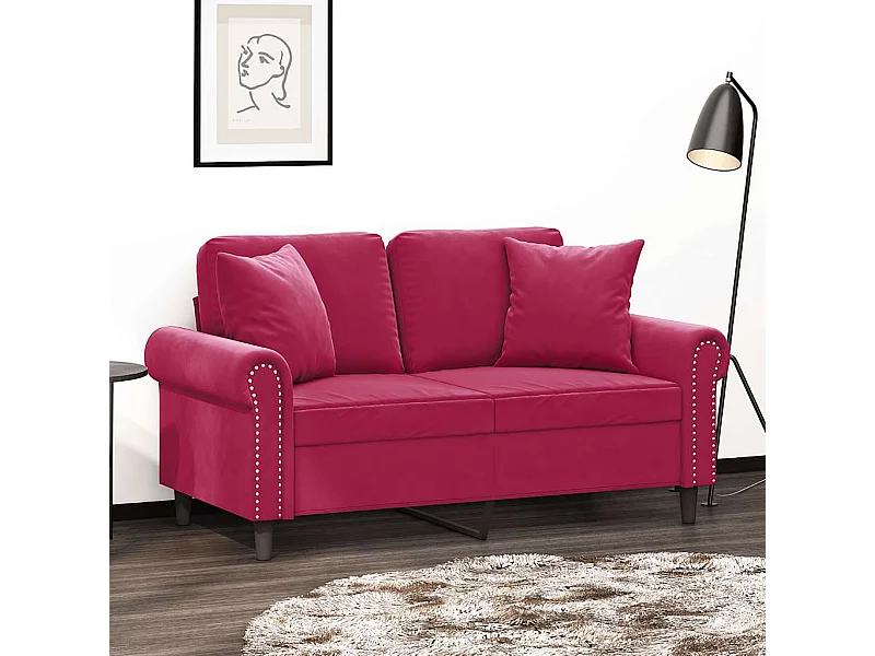 2-Sitzer-Sofa mit Zierkissen Weinrot 120 cm Samt
