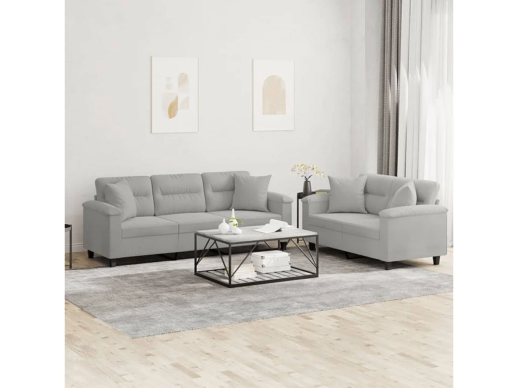 2-delige Loungeset met kussens microvezelstof lichtgrijs